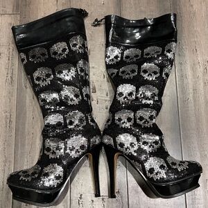 Iron Fist Black and Silver Sequin Skull Platform Knee Boots